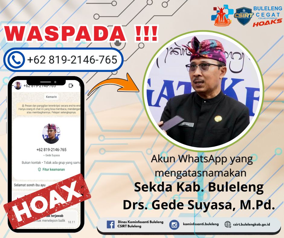 [Hoaks] Akun WhatsApp yang mengatasnamakan Sekretaris Daerah Kabupaten Buleleng Drs Gede Suyasa MPd